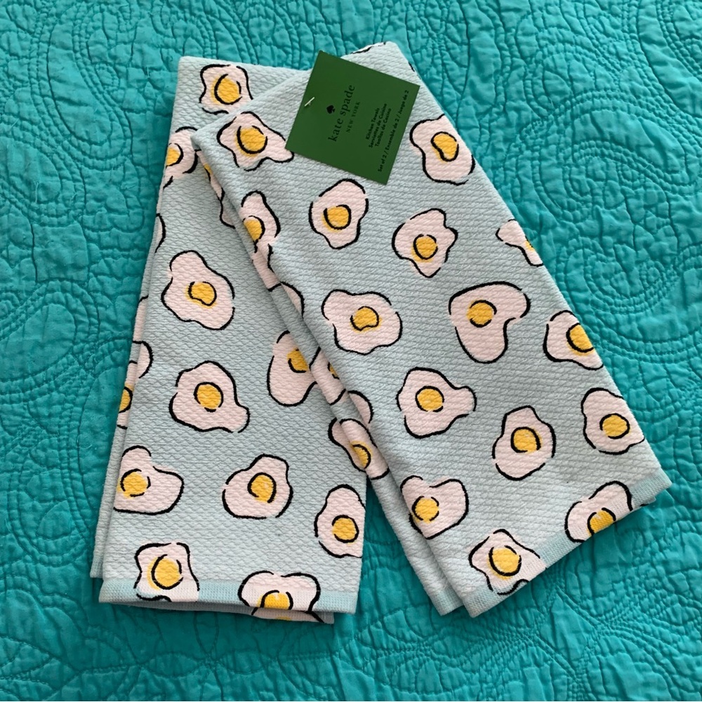 Kate Spade Egg Pattern Kitchen Towels Light Blue Yellow White Black Breakfast